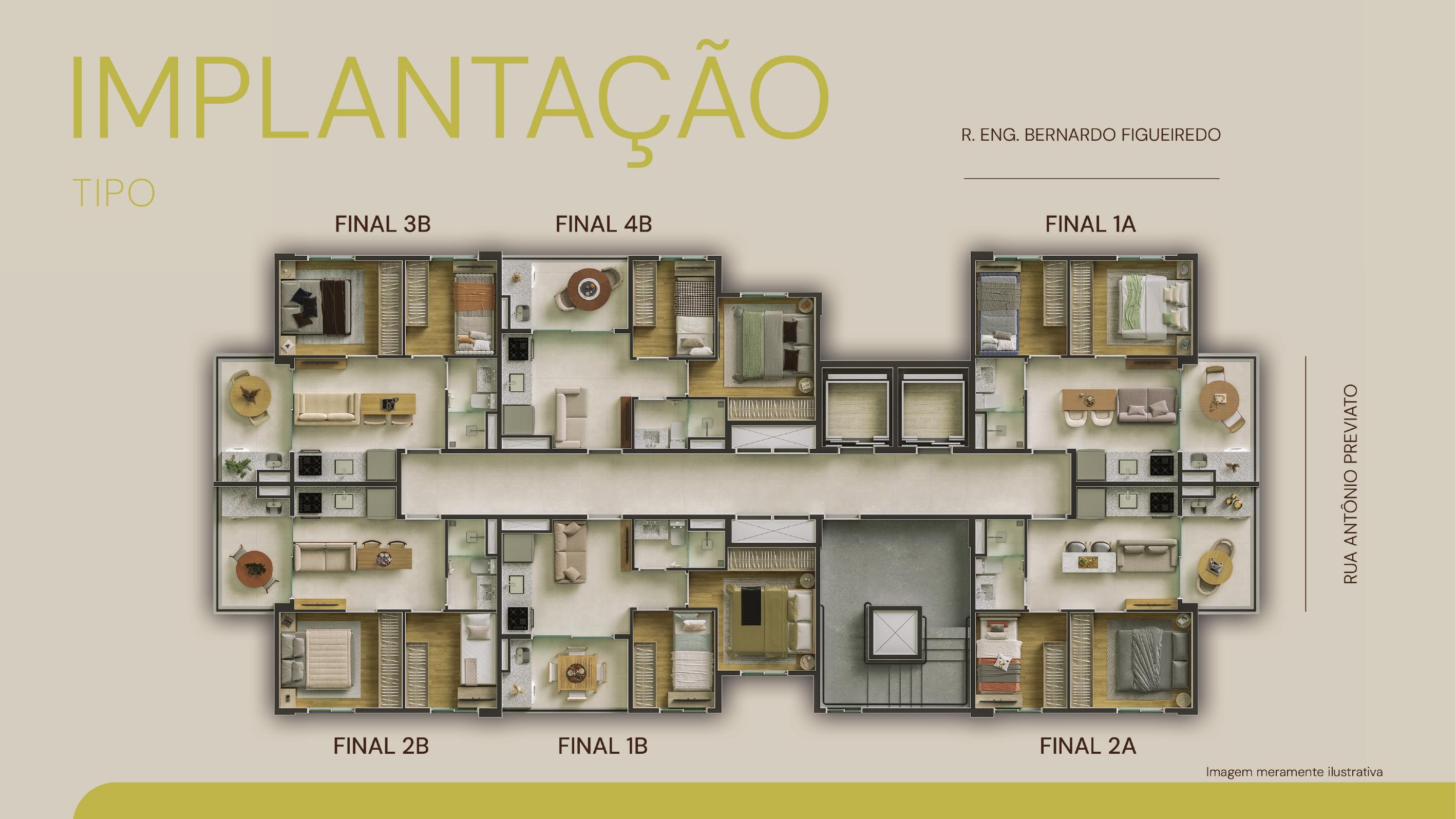 Implantação tipo do andar com Finais 1A, 2A, 3B, 4B, 1B e 2B