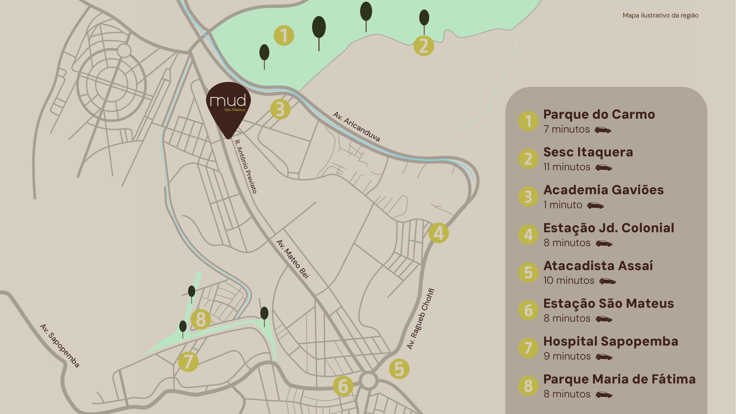Mapa de localização do Mud São Mateus com pontos de interesse