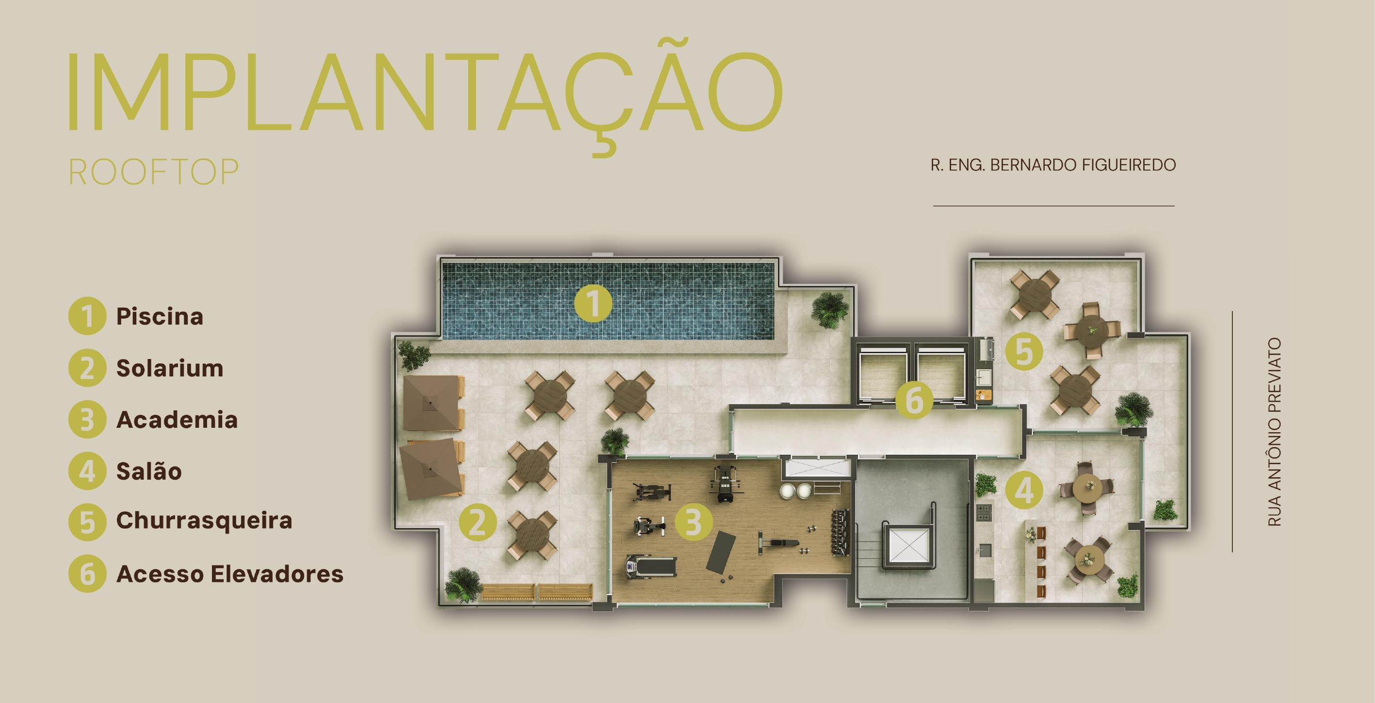 Planta do rooftop com piscina, solarium, academia, salão, churrasqueira e acesso elevadores